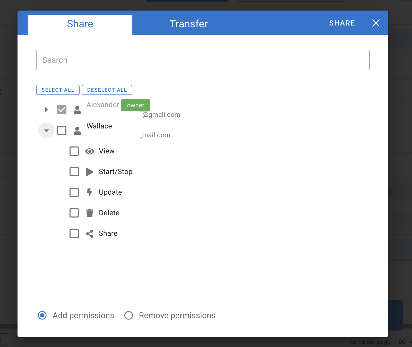 Capture d'écran de l'interface des paramètres d'autorisations d'accès