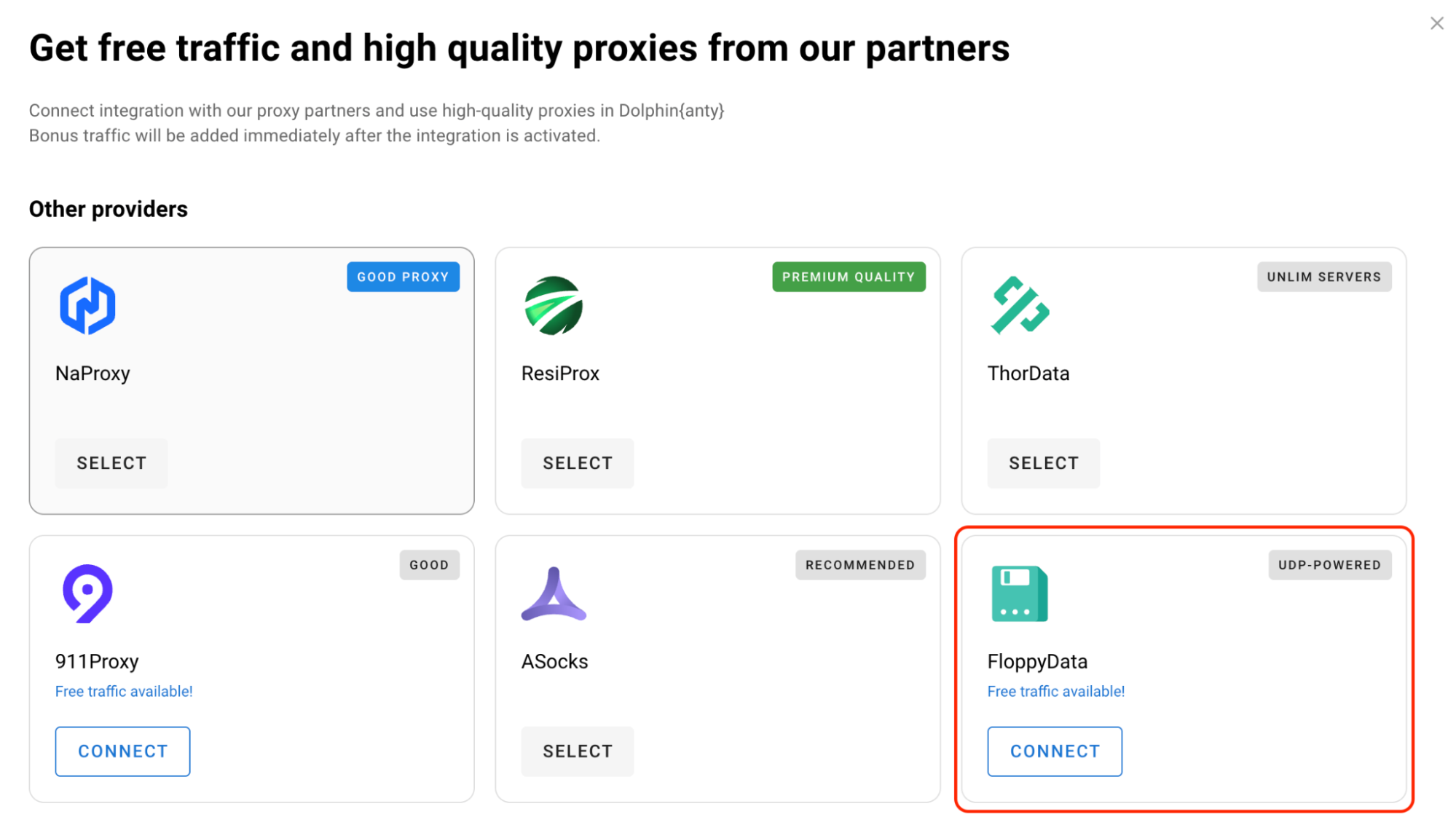 Les options des fournisseurs de services proxy sont affichées