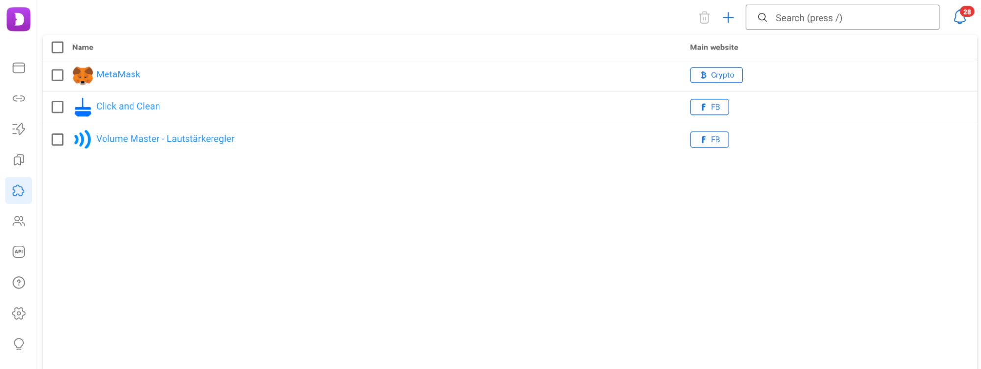 Interface de l'application avec liste d'éléments