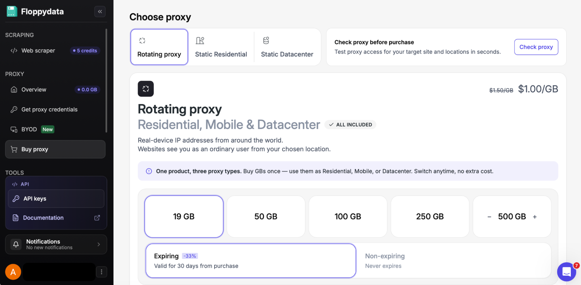 Capture d'écran de l'interface d'achat du service de proxy