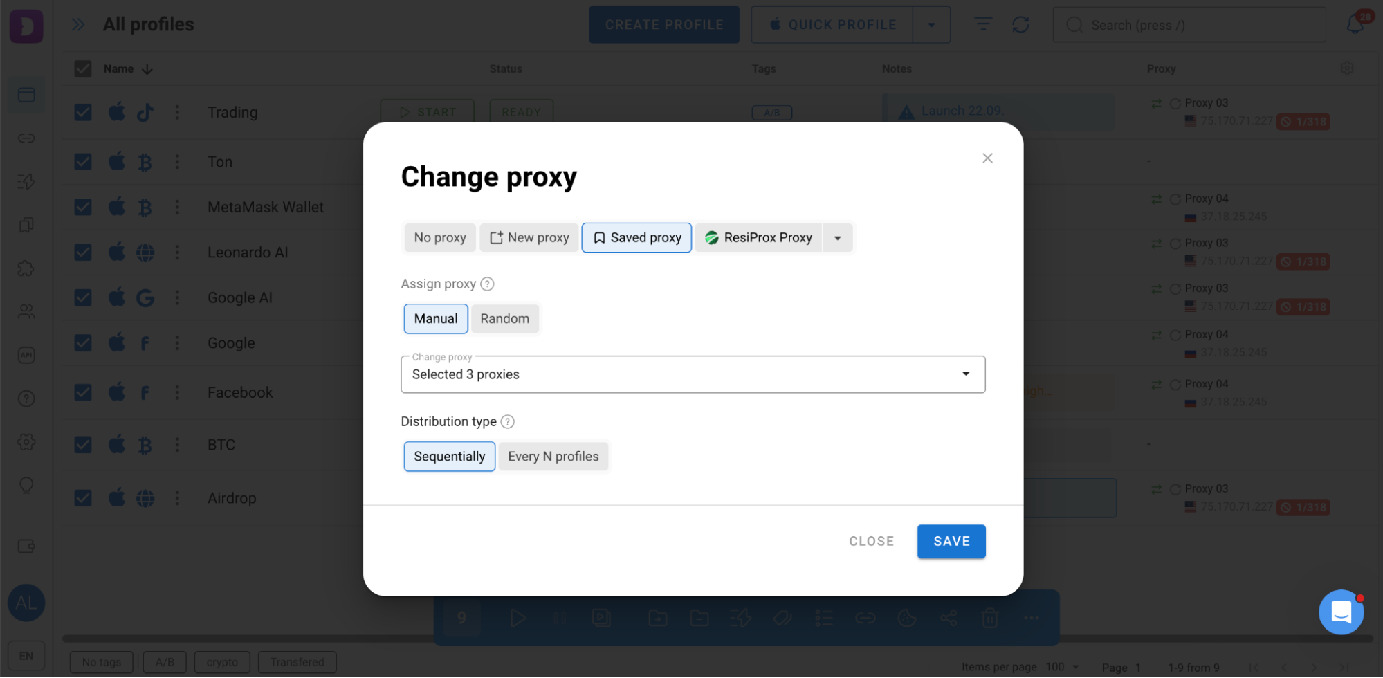 Interface des paramètres de proxy avec options