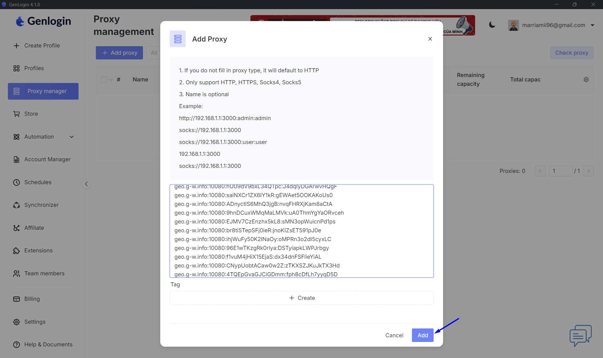 Genlogin proxy settings