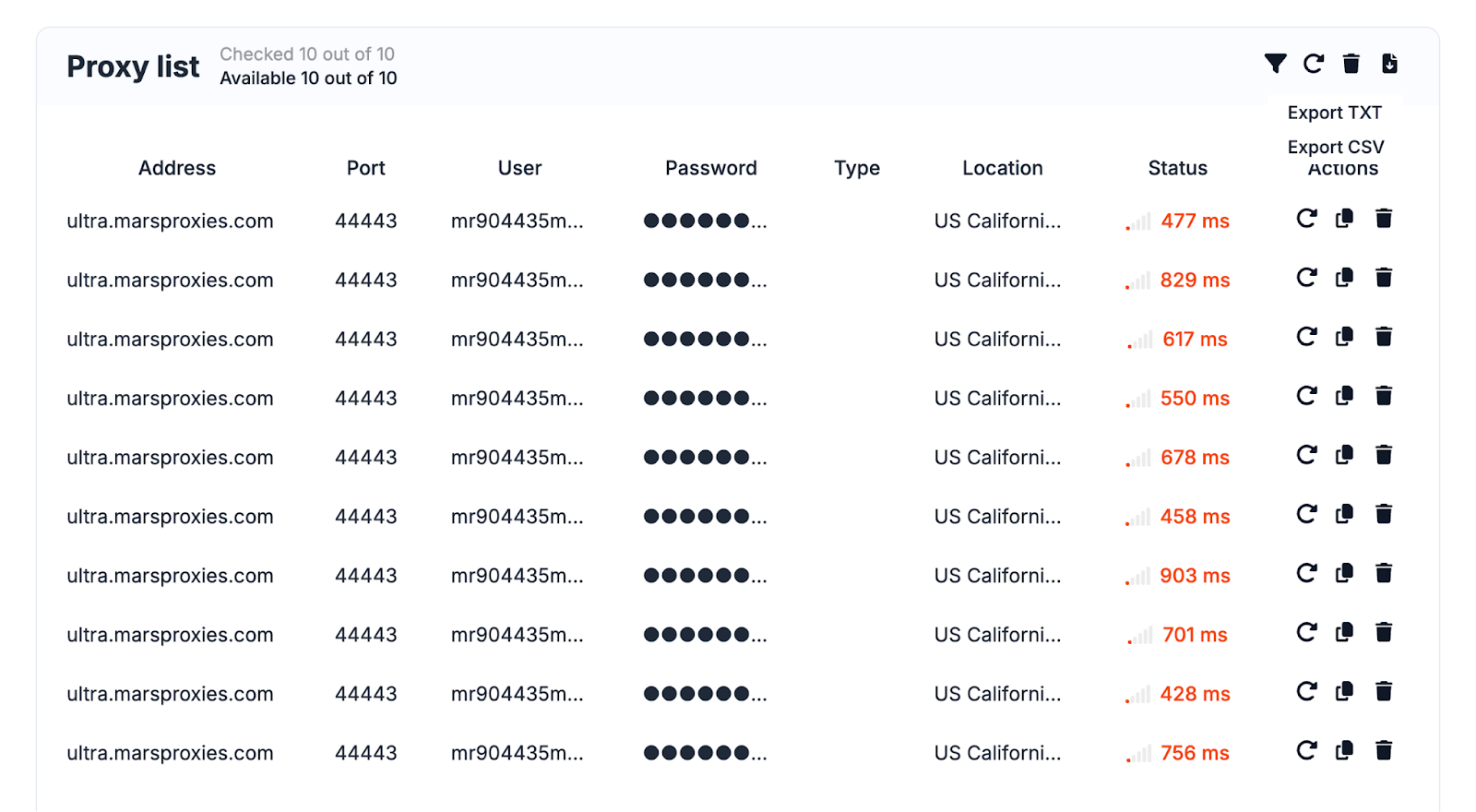 MarsProxies speed test