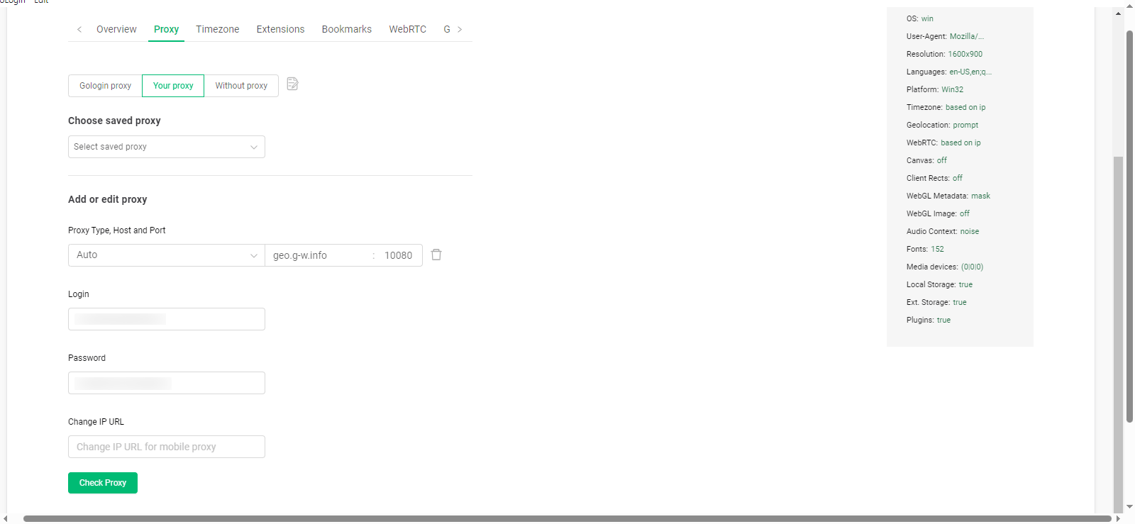 Gologin proxy settings