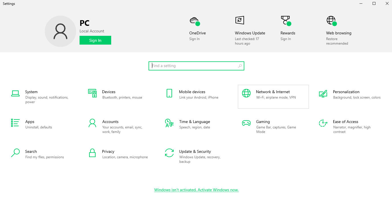 windows settings