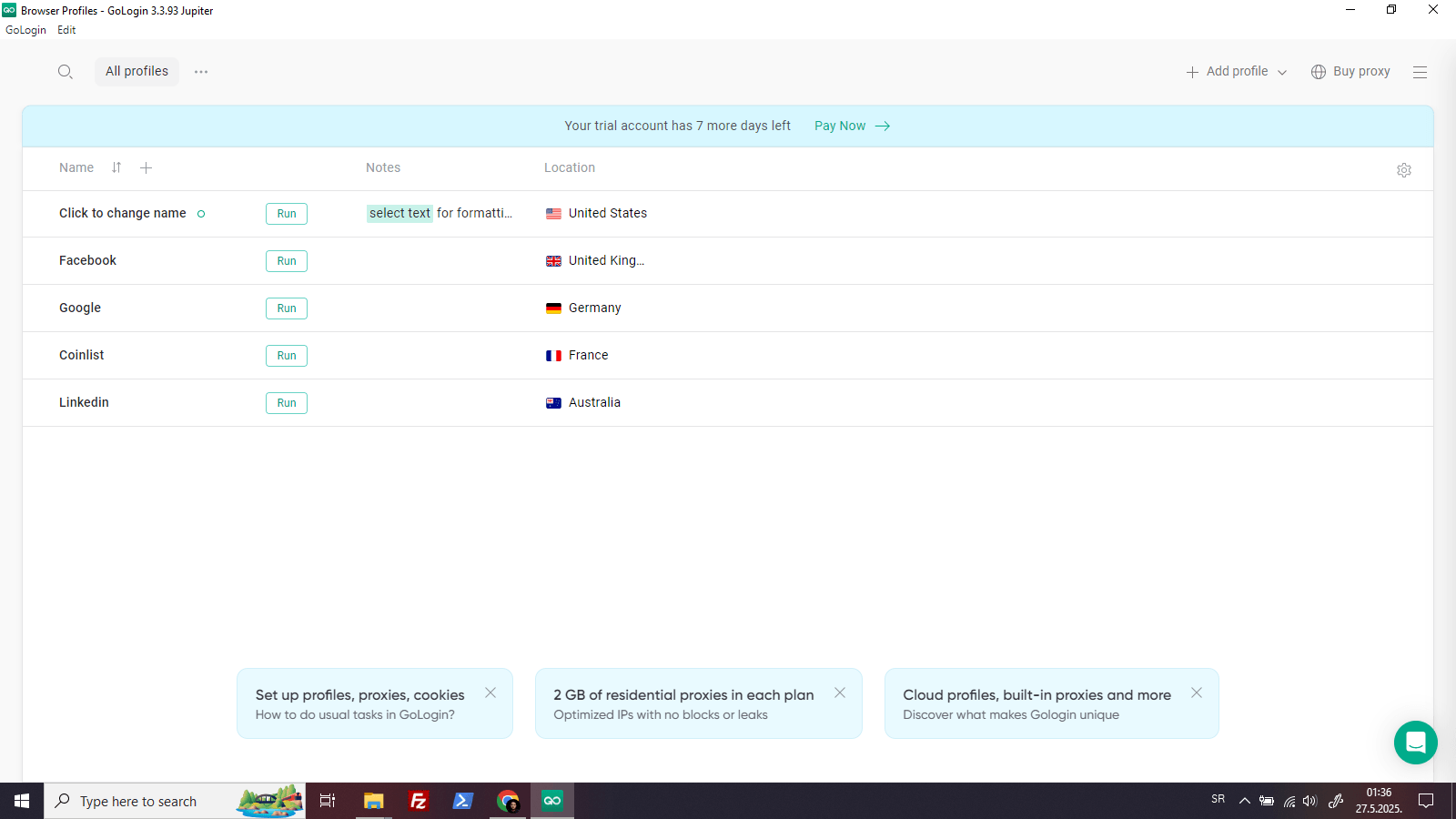 Gologin dashboard