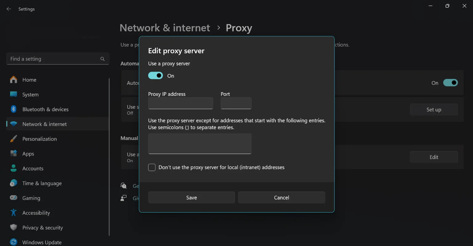 Proxy windows settings