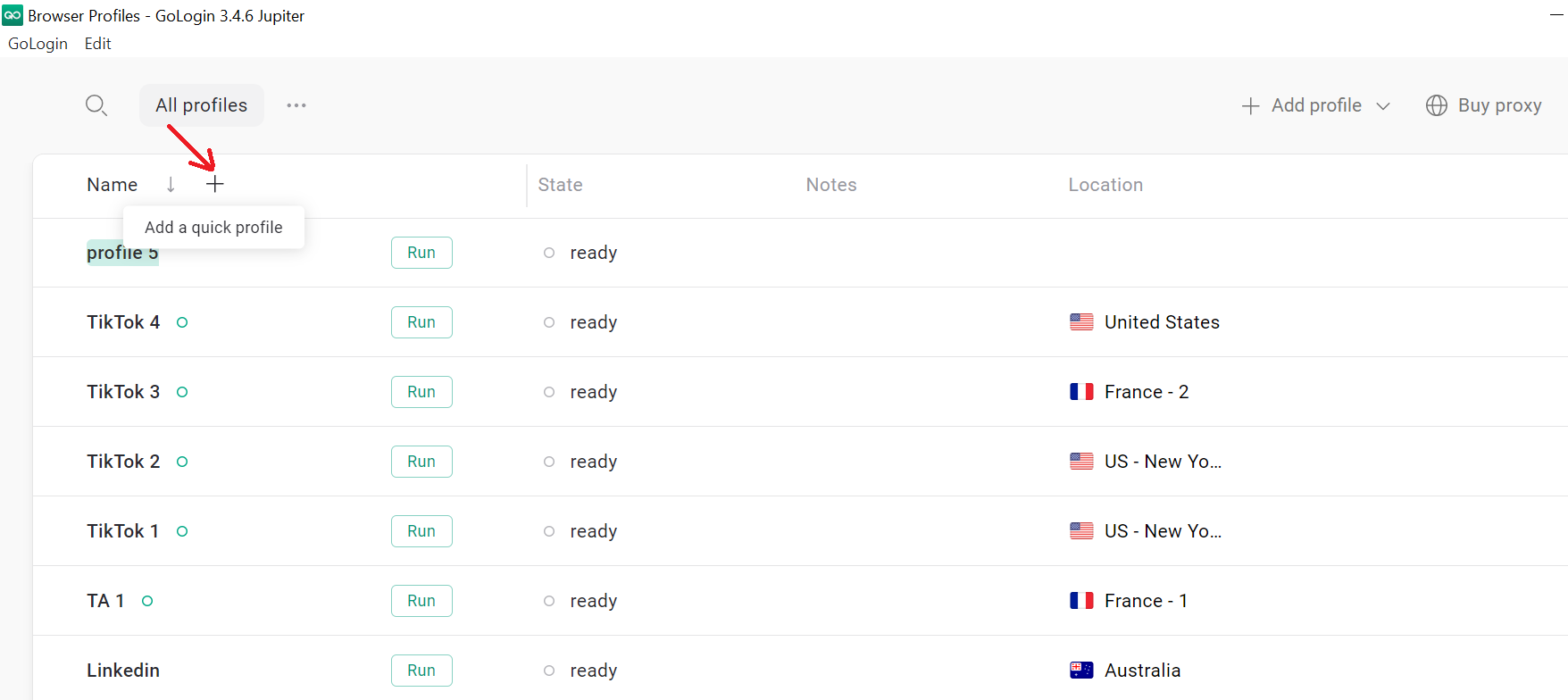 Gologin - create a new profile