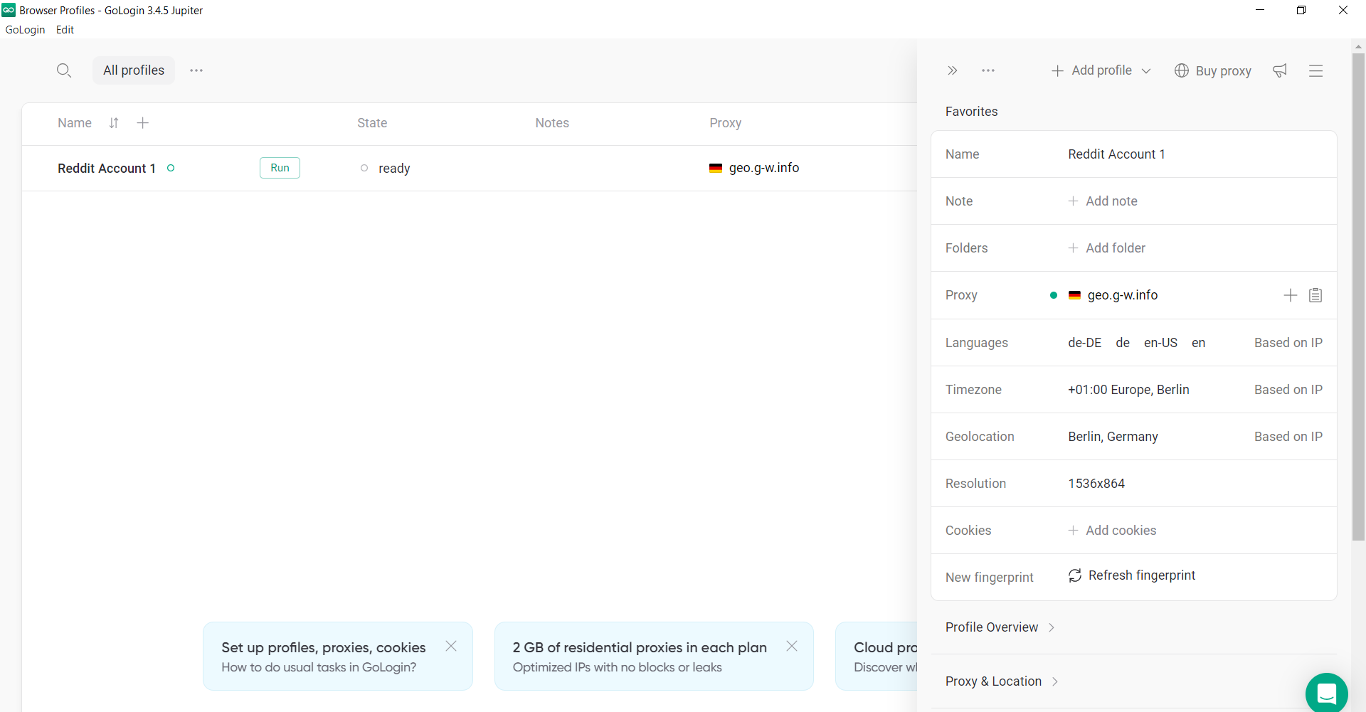 Gologin profile settings