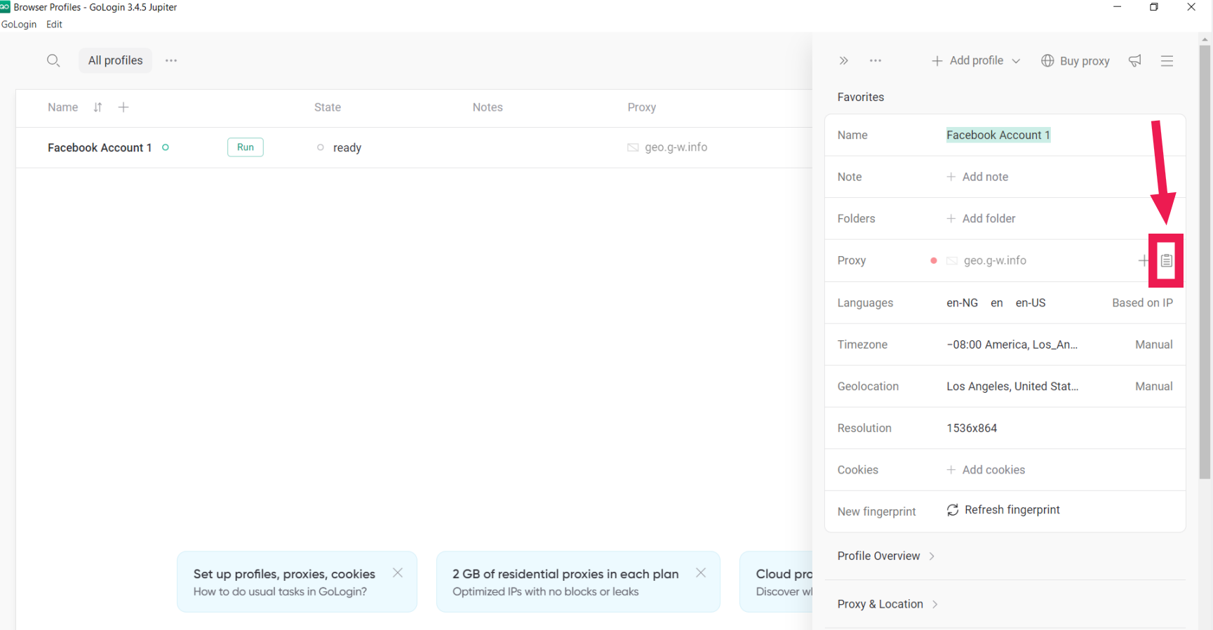 Gologin - sidebar settings - add proxy