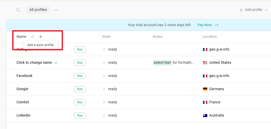 Gologin add profile