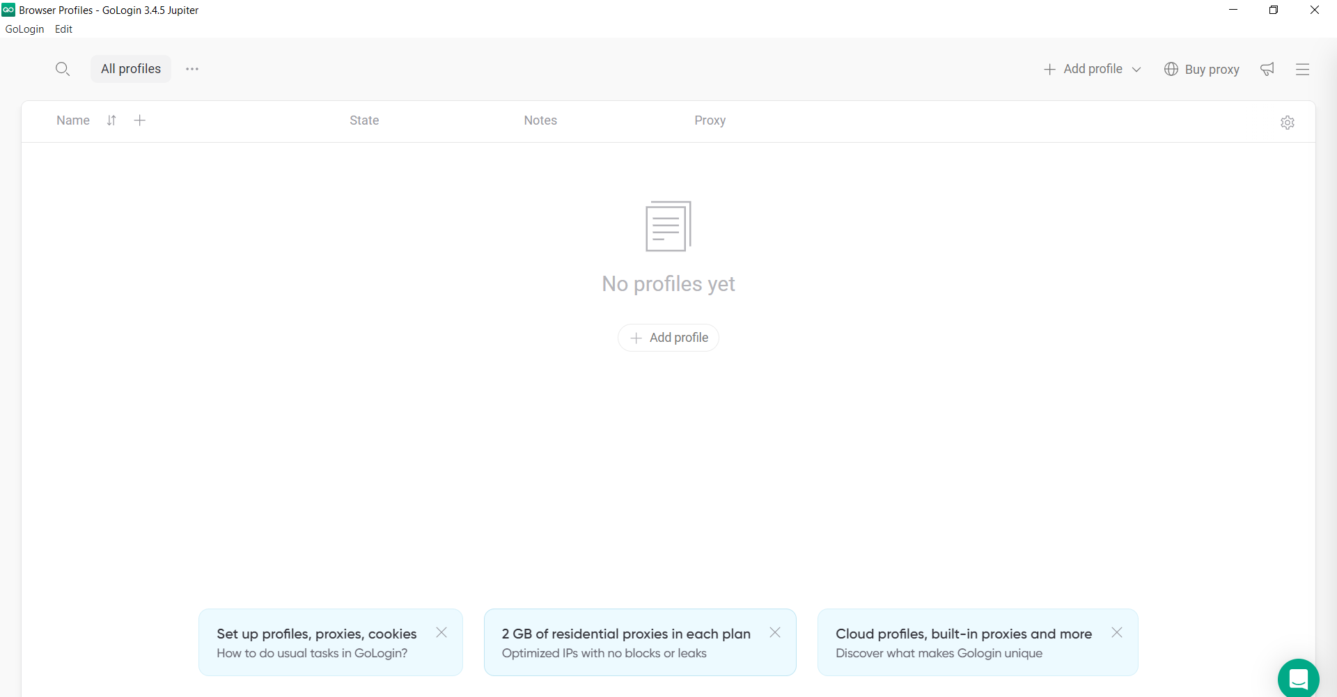Gologin dashboard