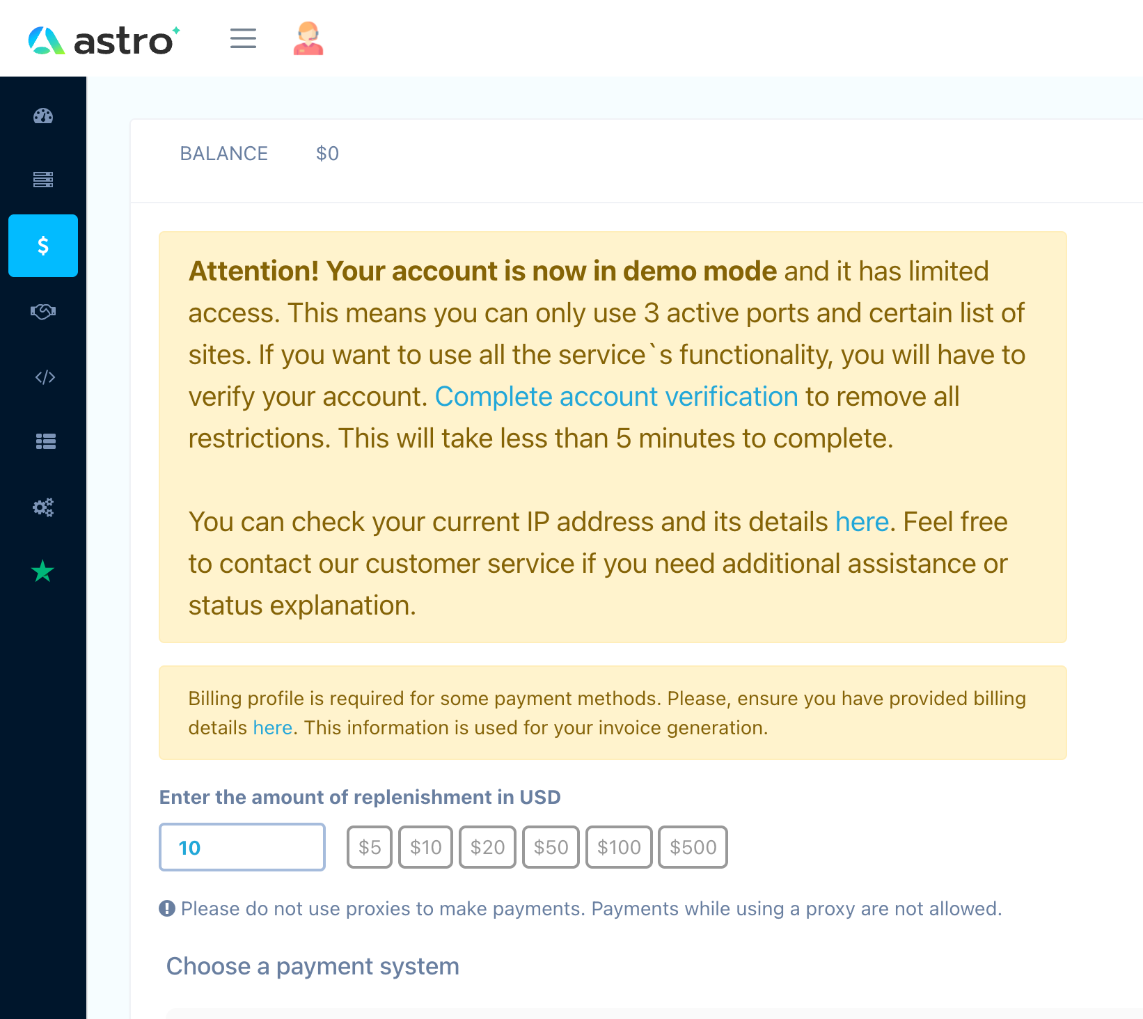 AstroProxy dashboard