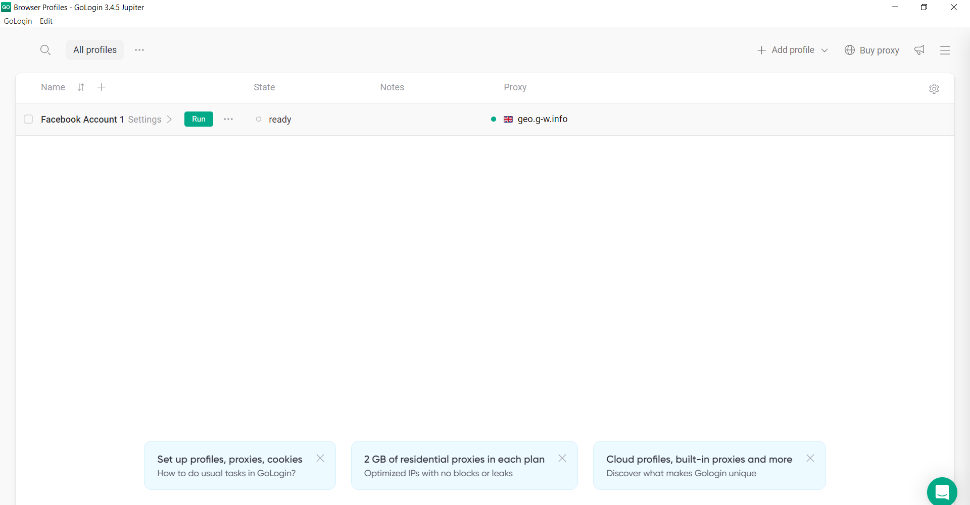Gologin dashboard
