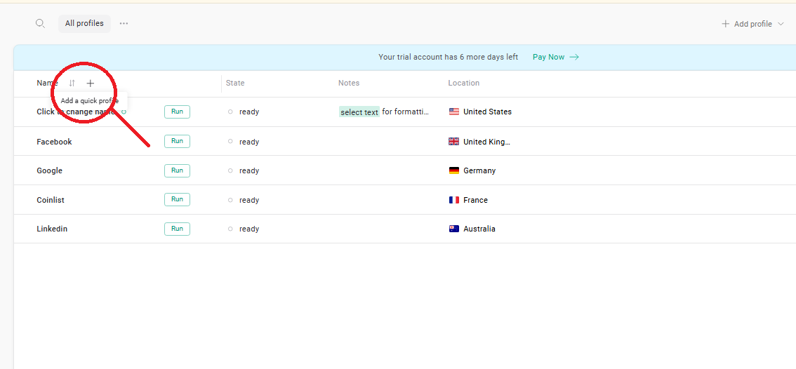 Gologin create new profile