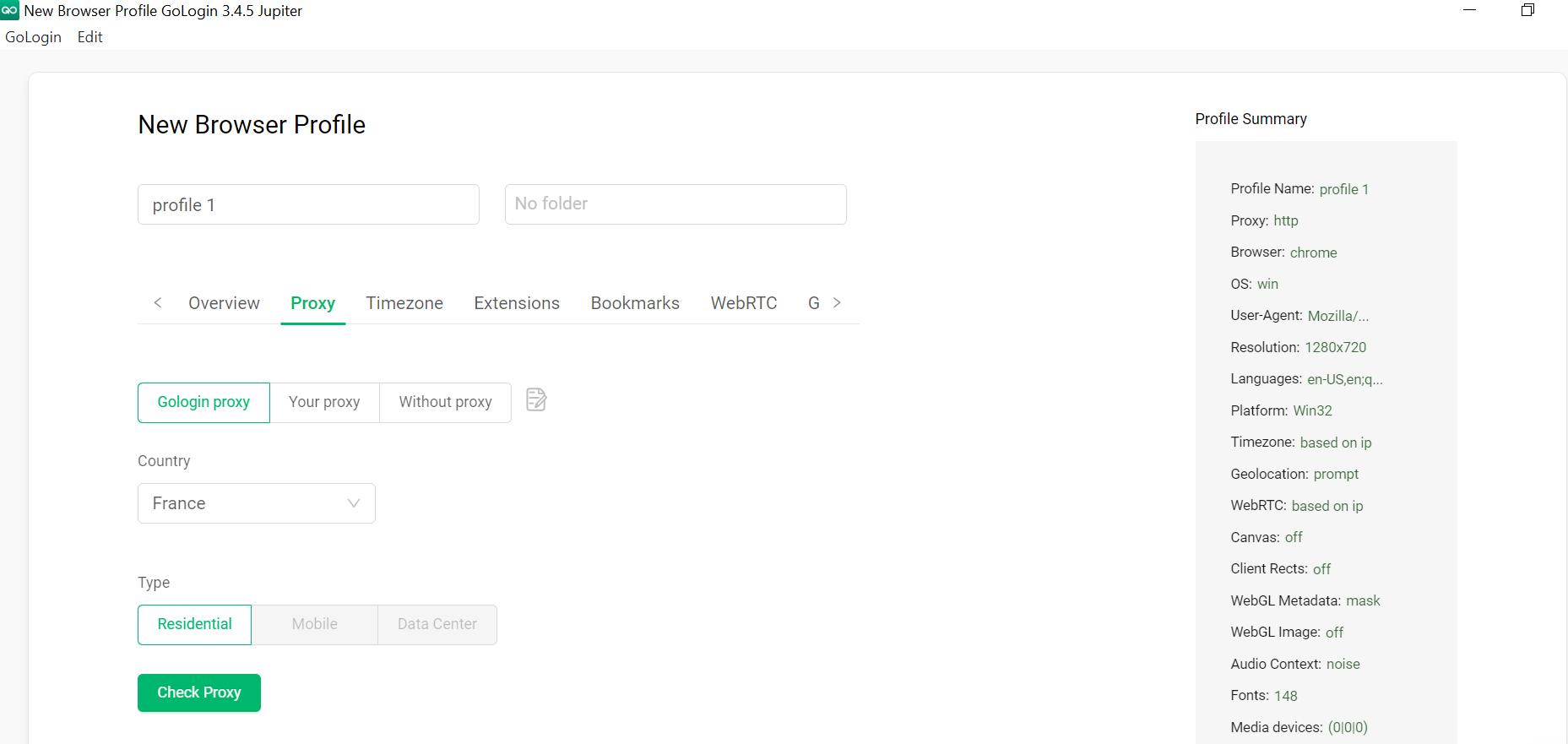Gologin create new profile