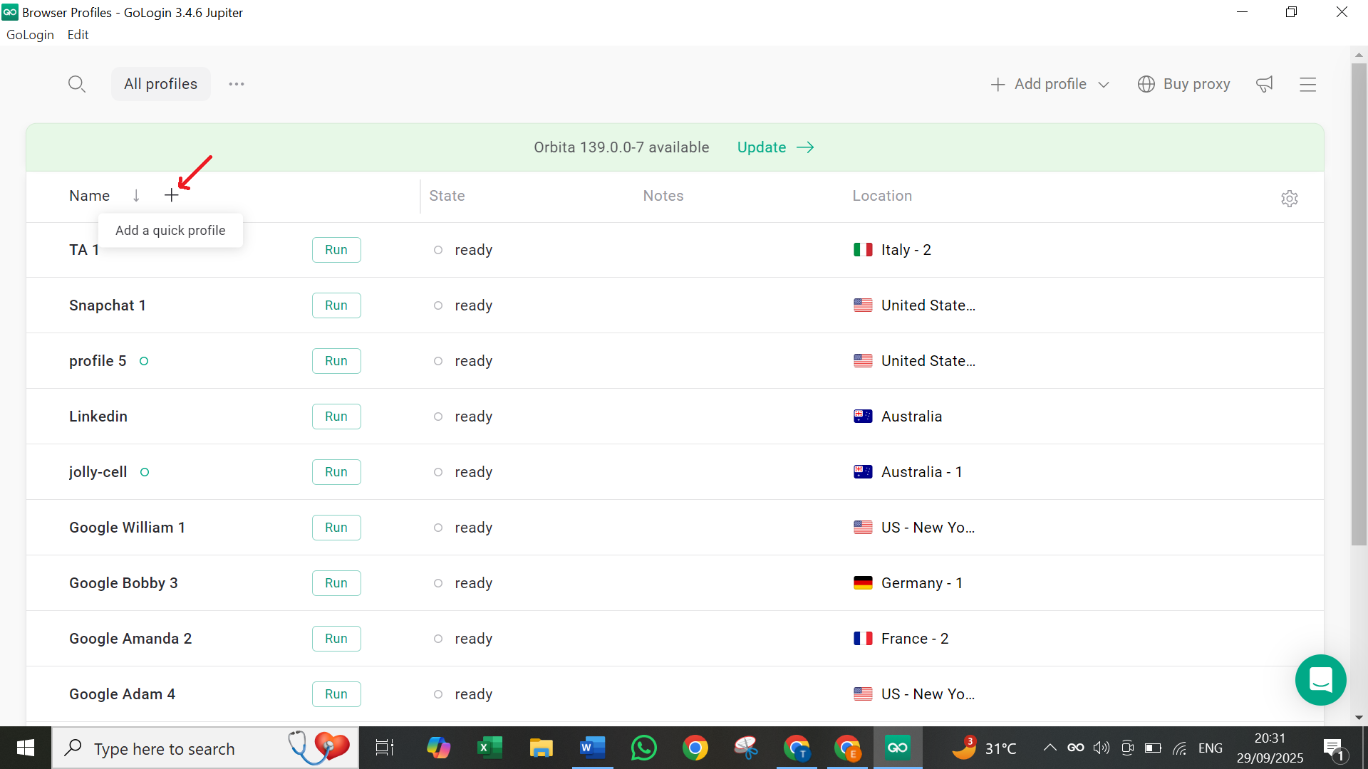 Gologin create new profile