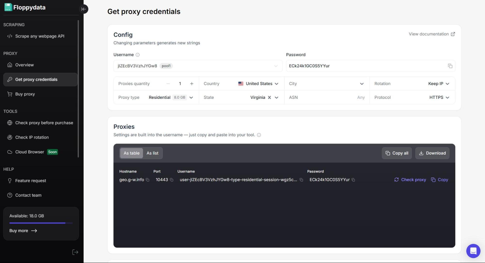 Proxy credentials configuration interface