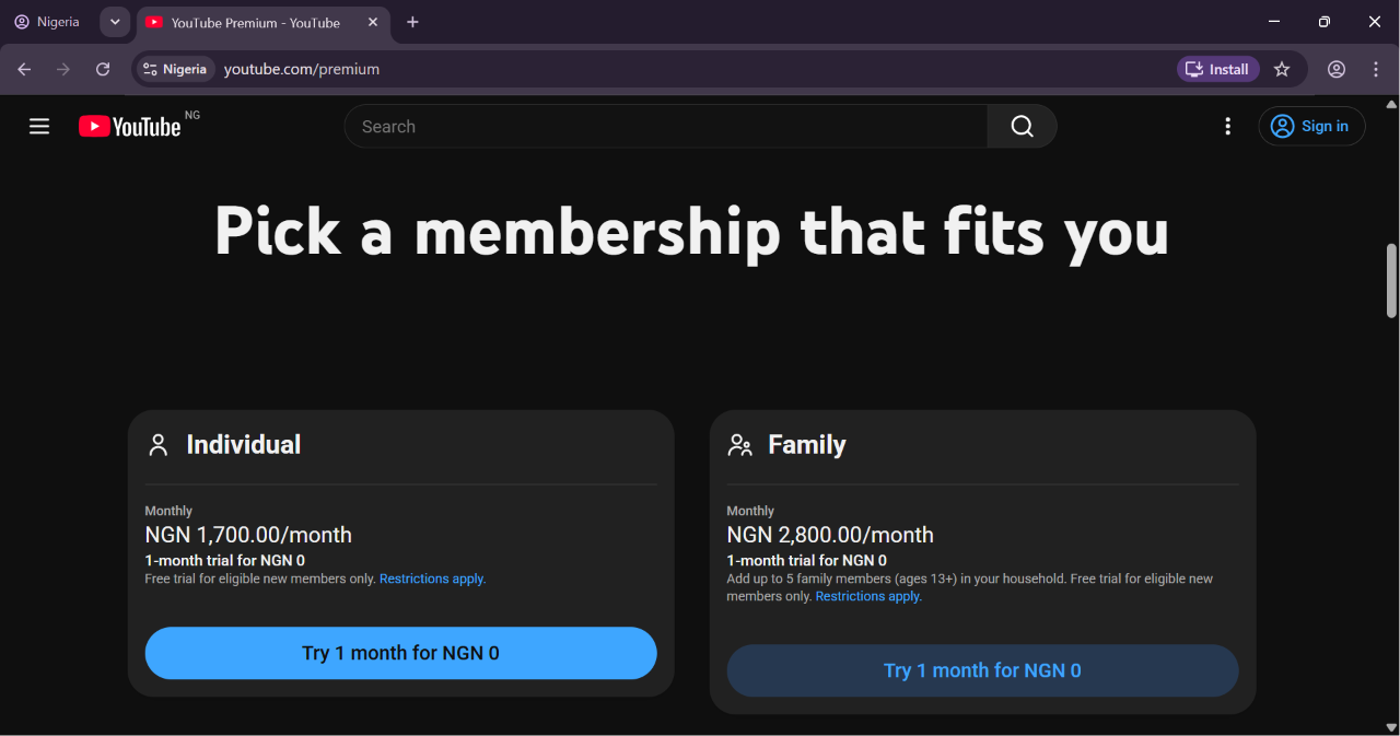 YouTube Premium membership options displayed