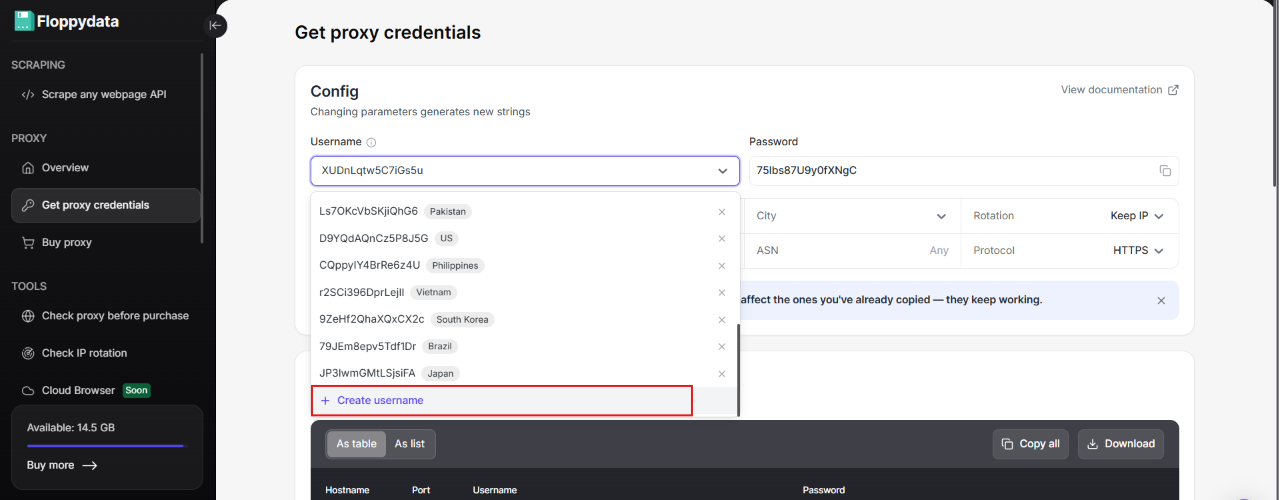 Proxy credentials configuration interface