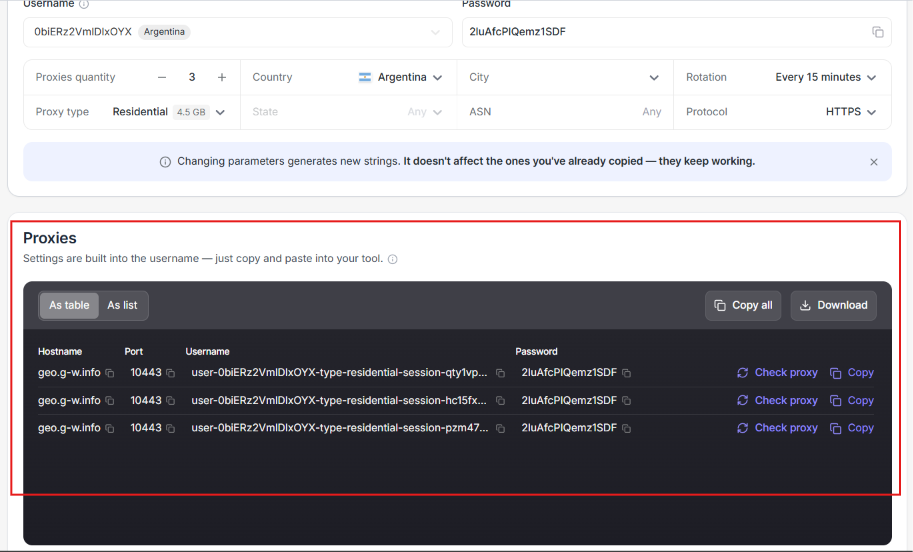 Proxy list with usernames and passwords