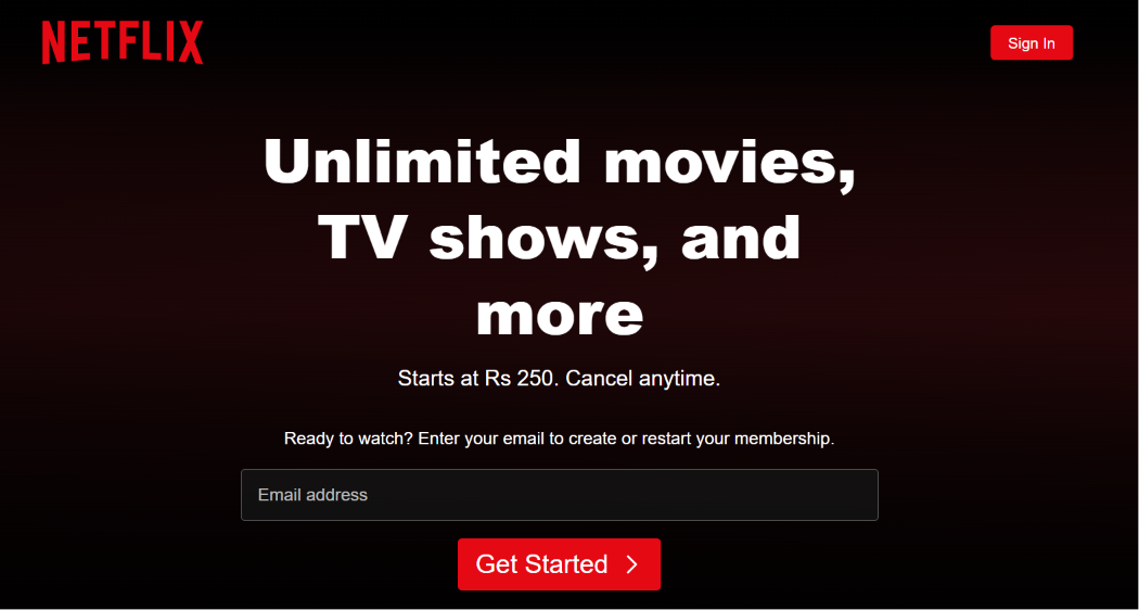 Netflix subscription sign-up page