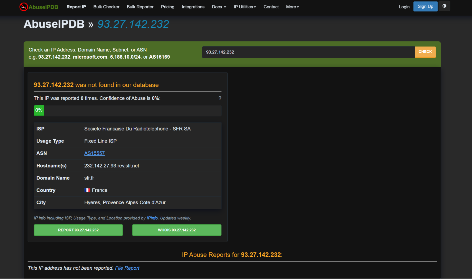 IP address lookup result displayed.