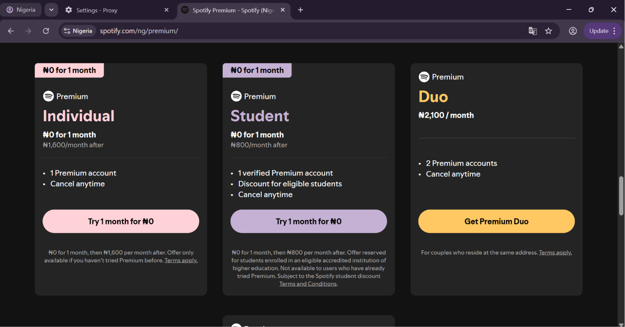Spotify Premium subscription options displayed