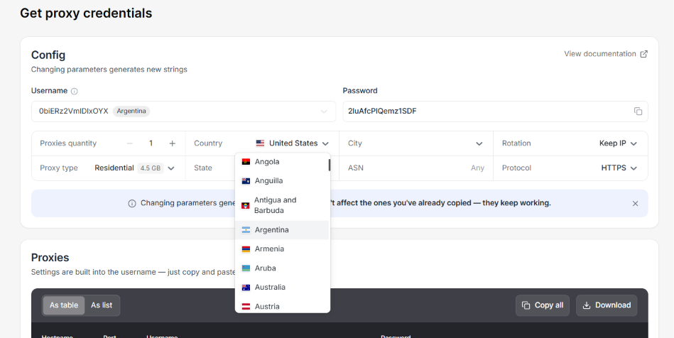 Proxy configuration settings and options