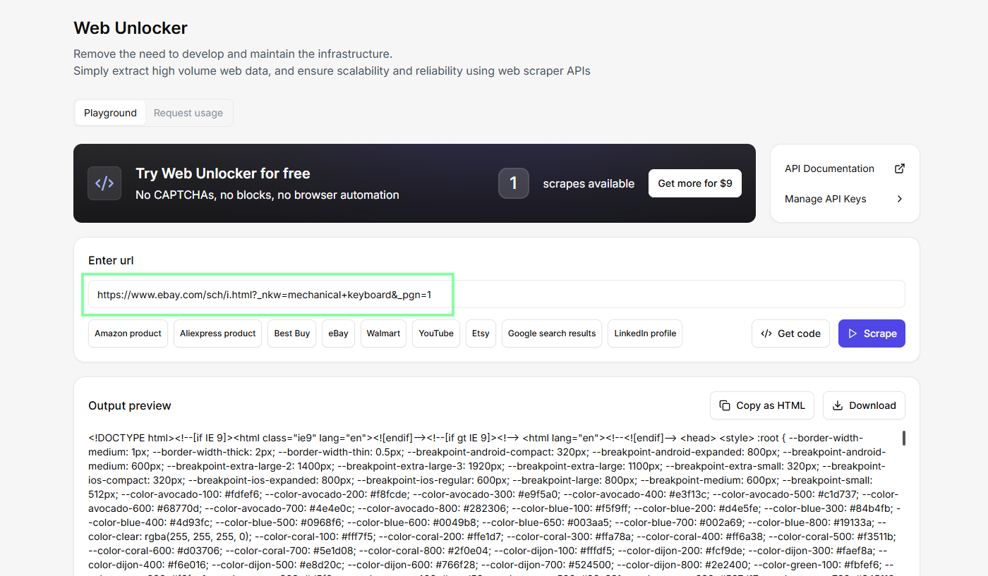 Web scraping tool interface screenshot