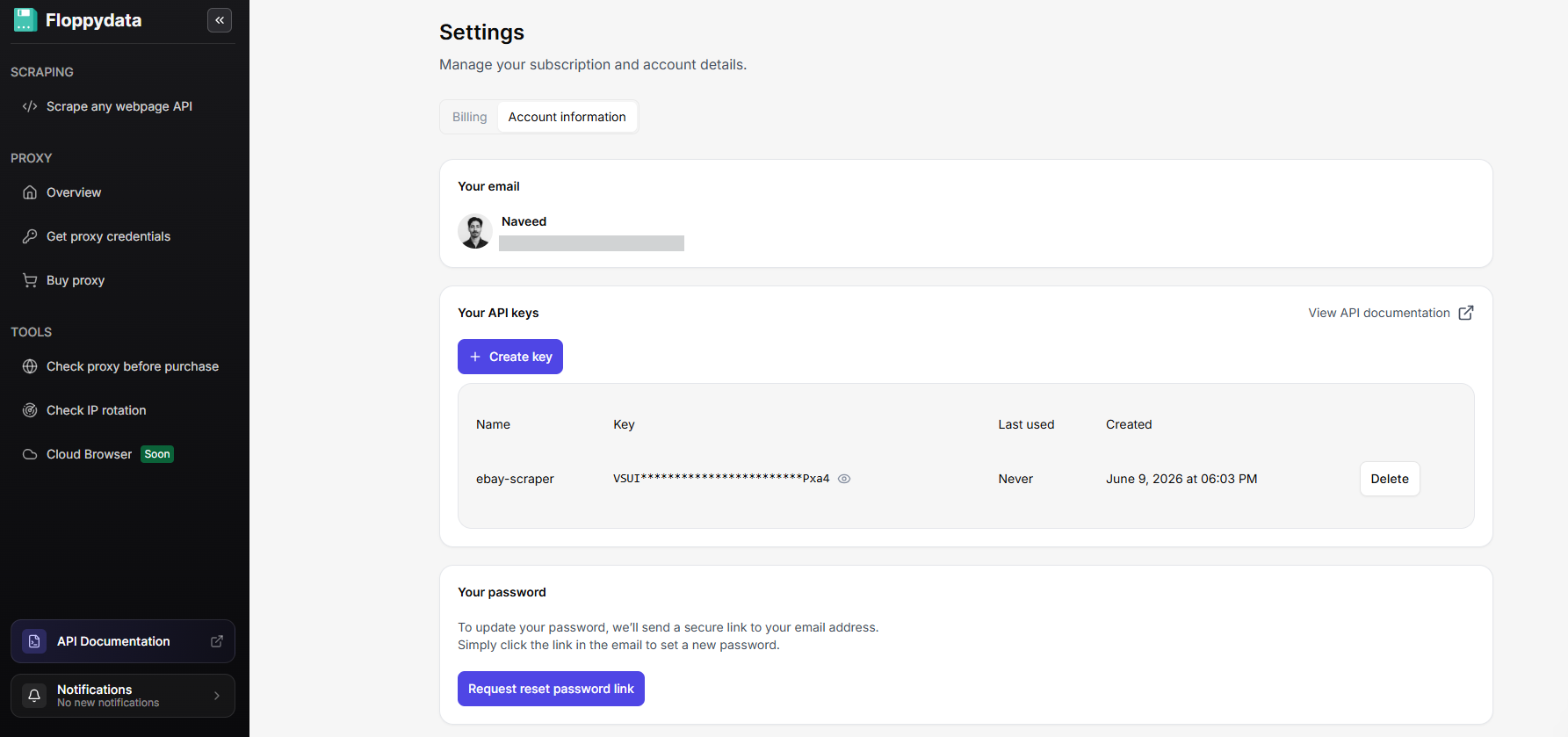 Account settings and API key information