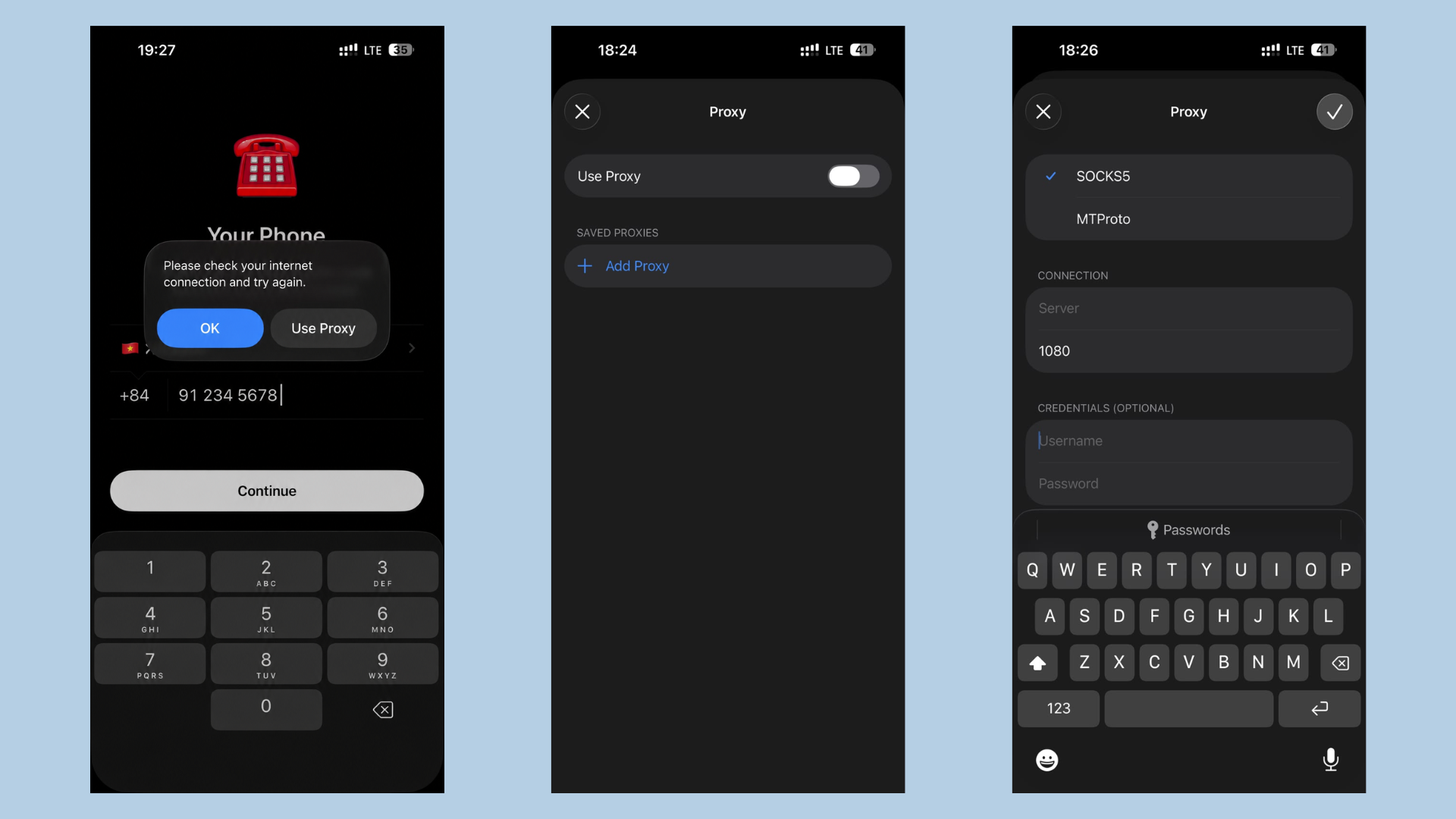 Mobile app interface with proxy settings