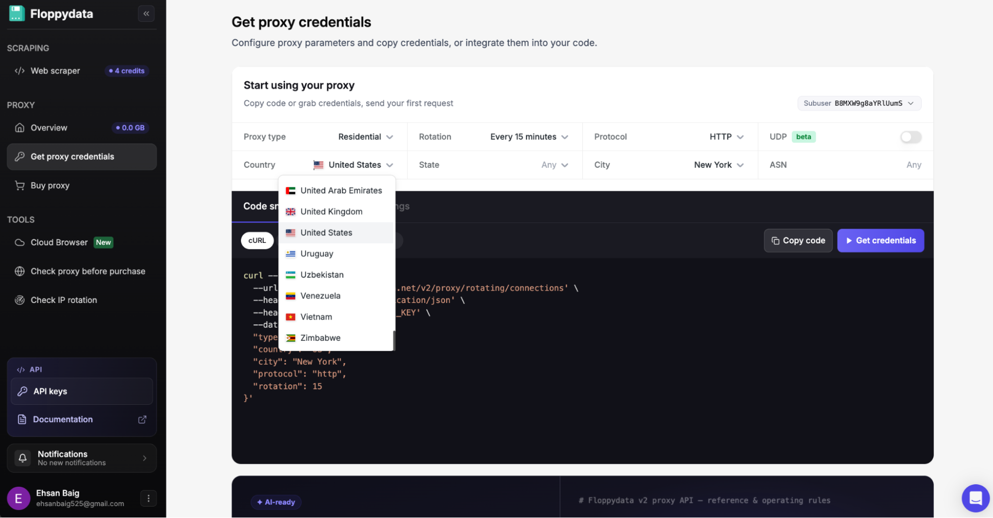 Proxy credentials configuration interface