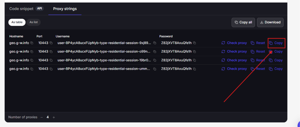 Proxy strings with copy options displayed