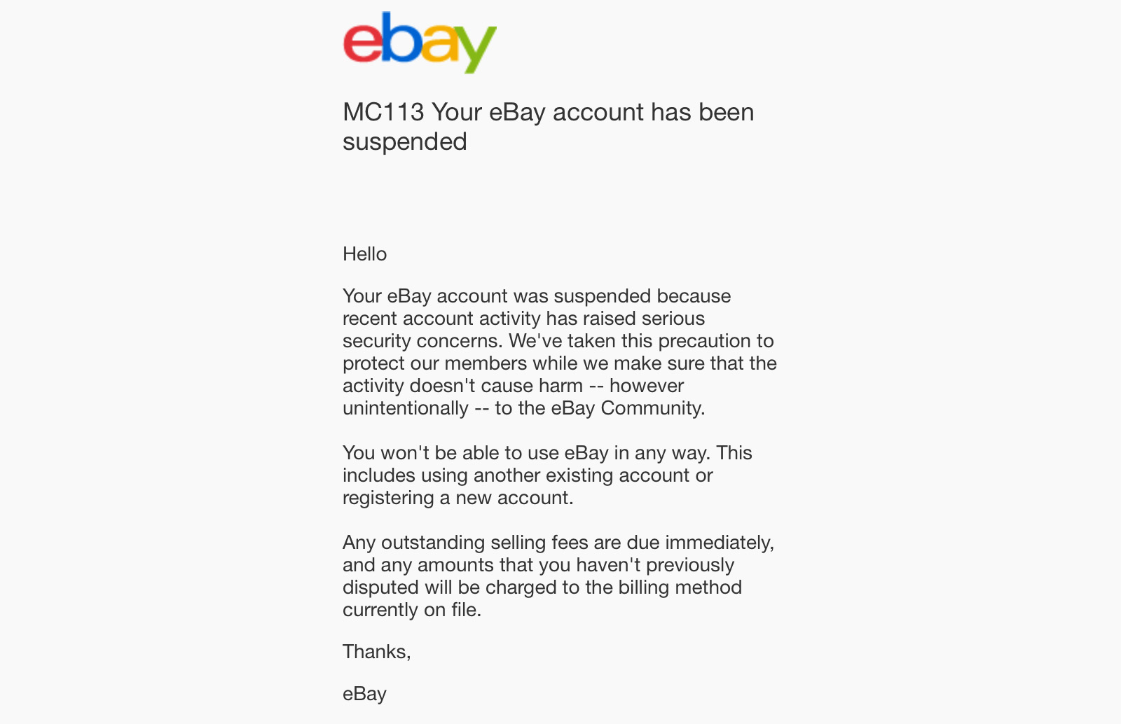 eBay account suspension notification email