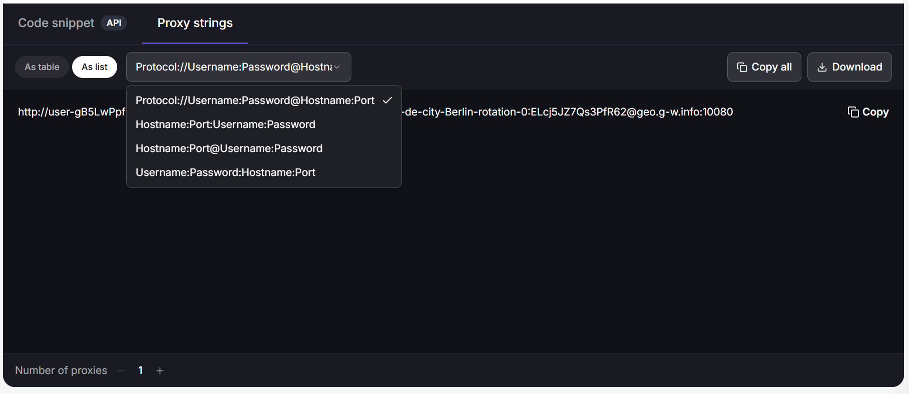 Interface for proxy settings configuration