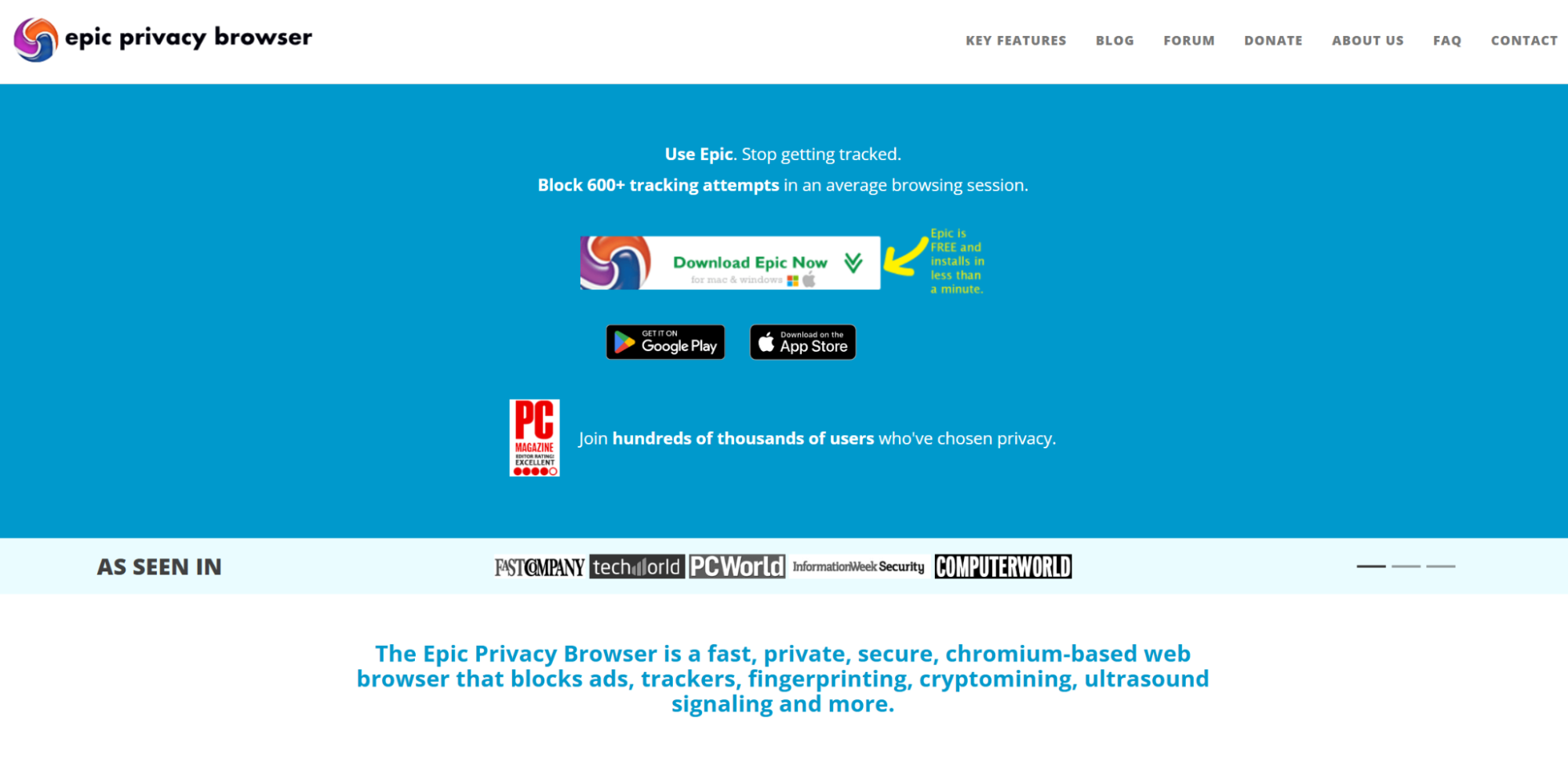 Promotional website for Epic Privacy Browser