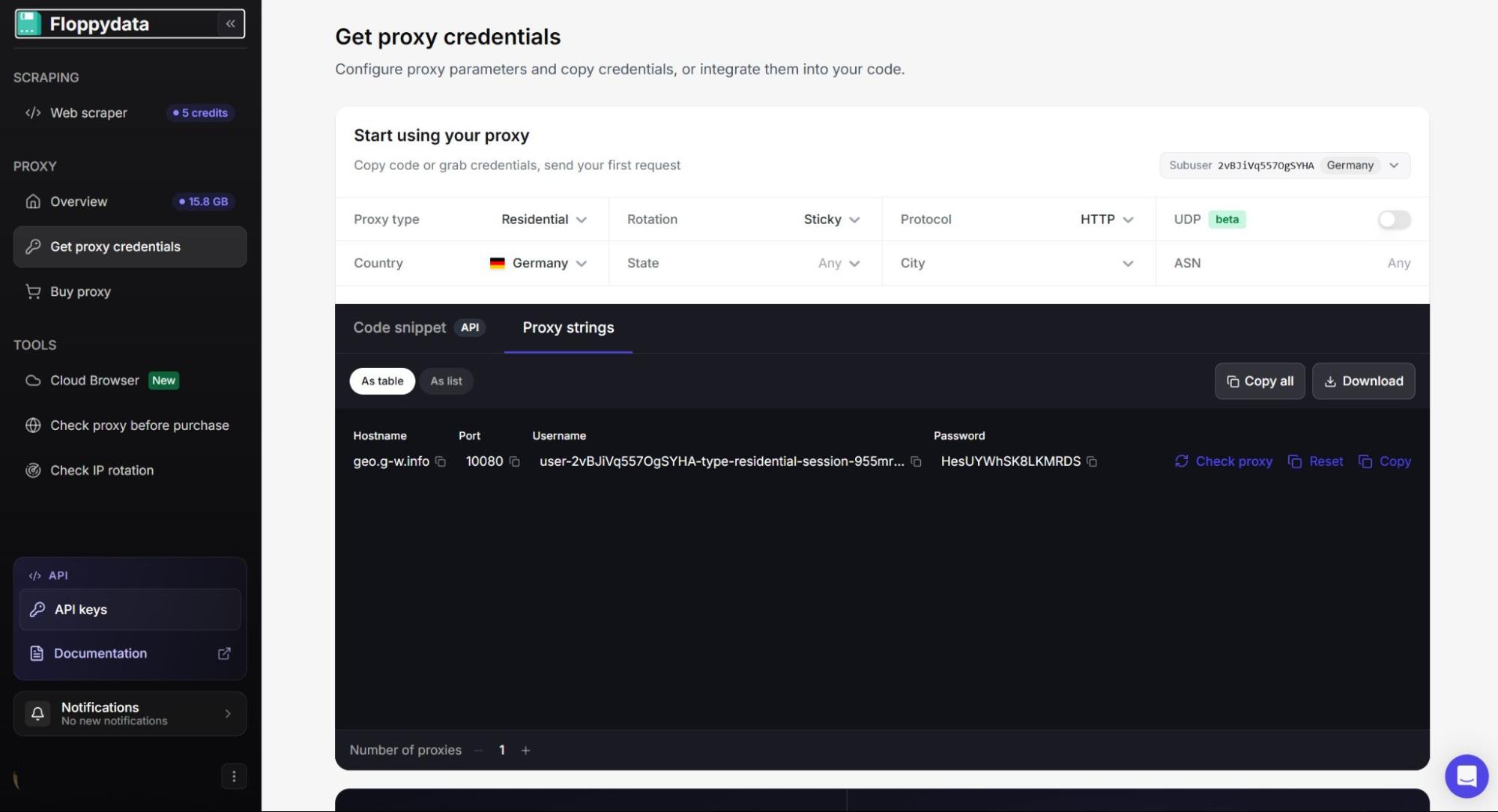 Proxy credentials configuration interface