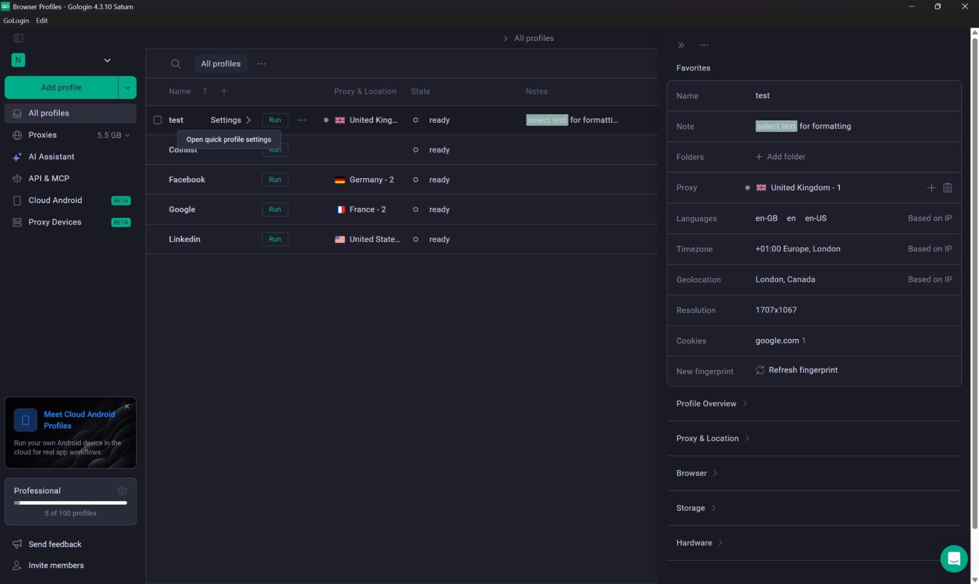 User interface for managing profiles