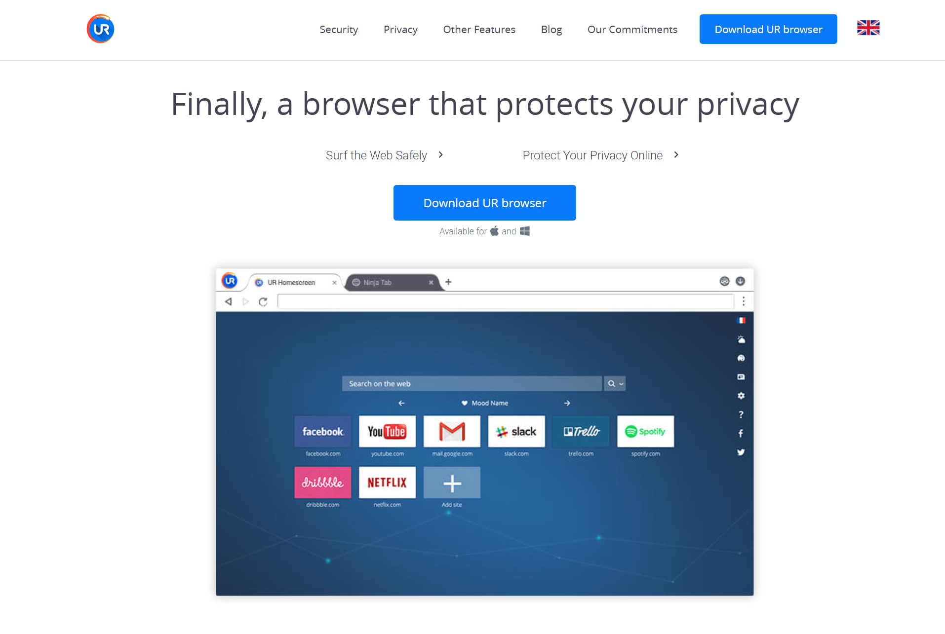 Browser homepage promoting privacy features