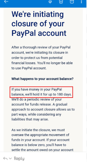 Email about PayPal account closure