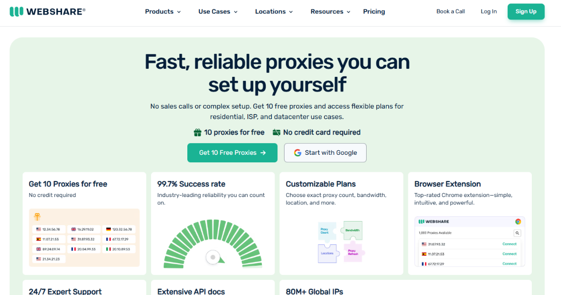 Webshare proxy service promotional webpage