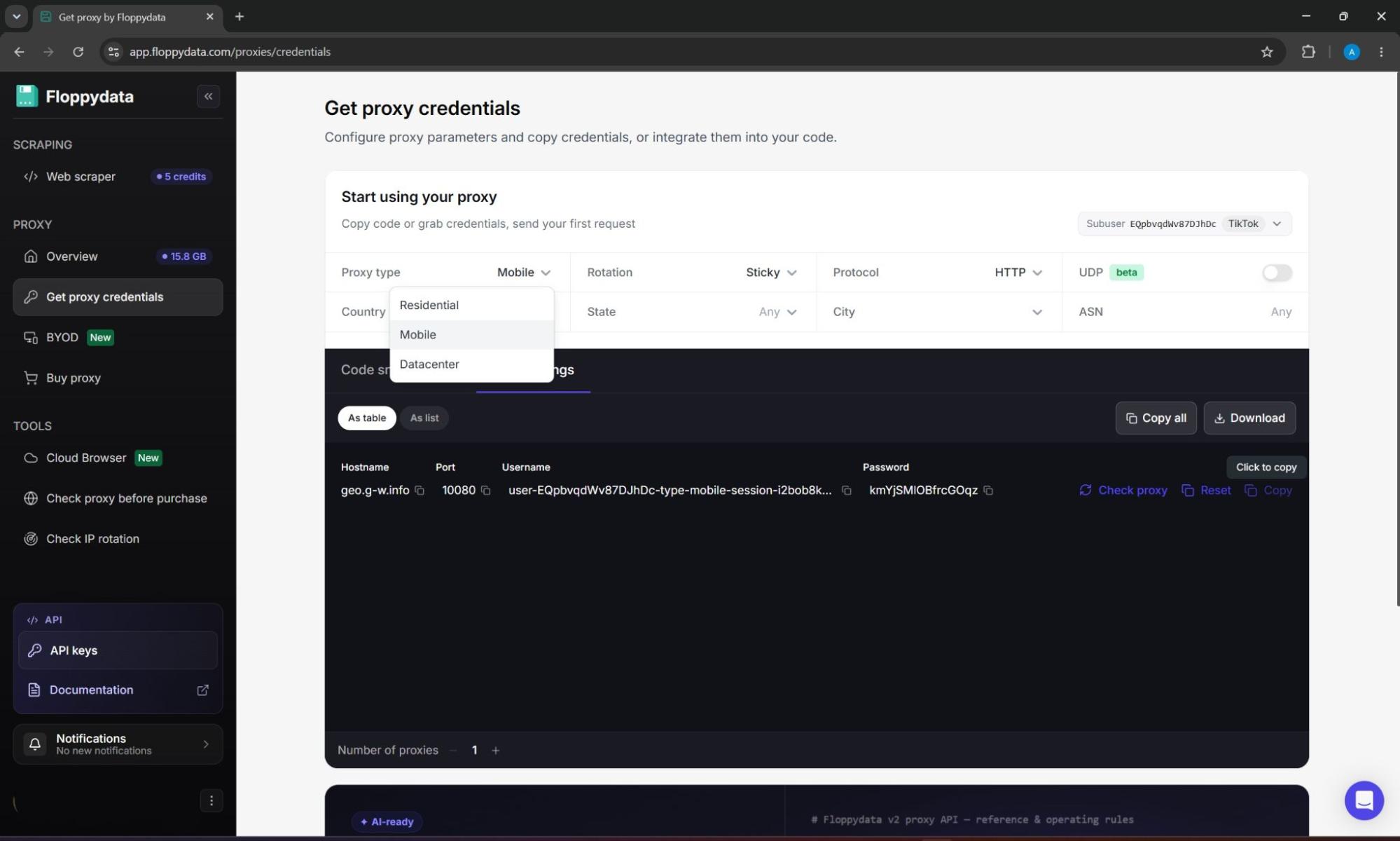 Proxy credentials configuration interface